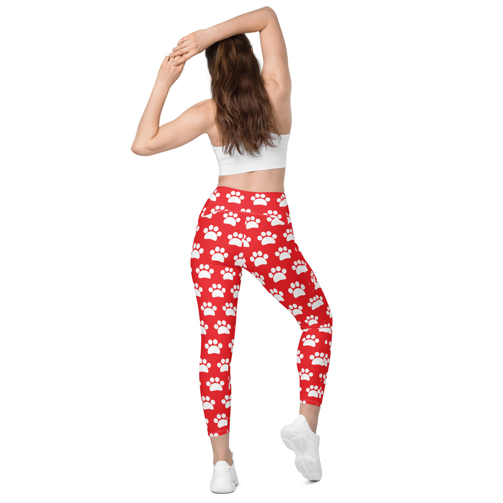 Women’s Red Paw Print Yoga Leggings With Pockets – High-Waisted, Soft Compression Active Pants