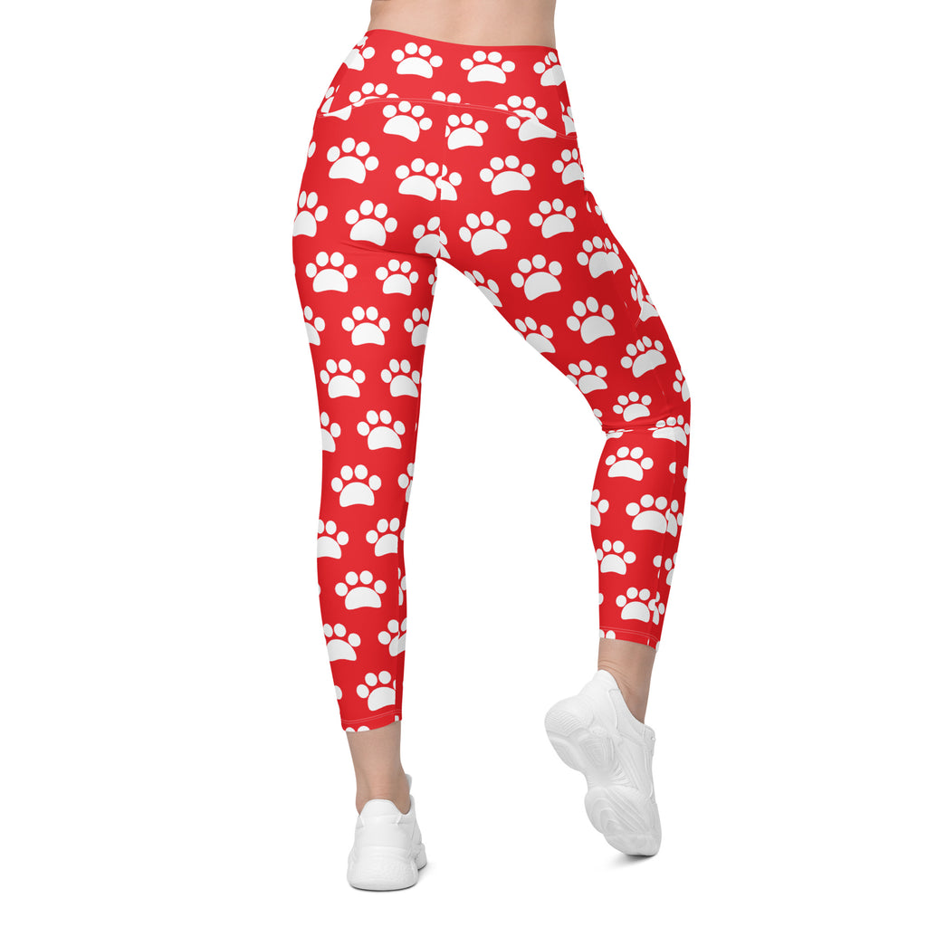 Women’s Red Paw Print Yoga Leggings With Pockets – High-Waisted, Soft Compression Active Pants
