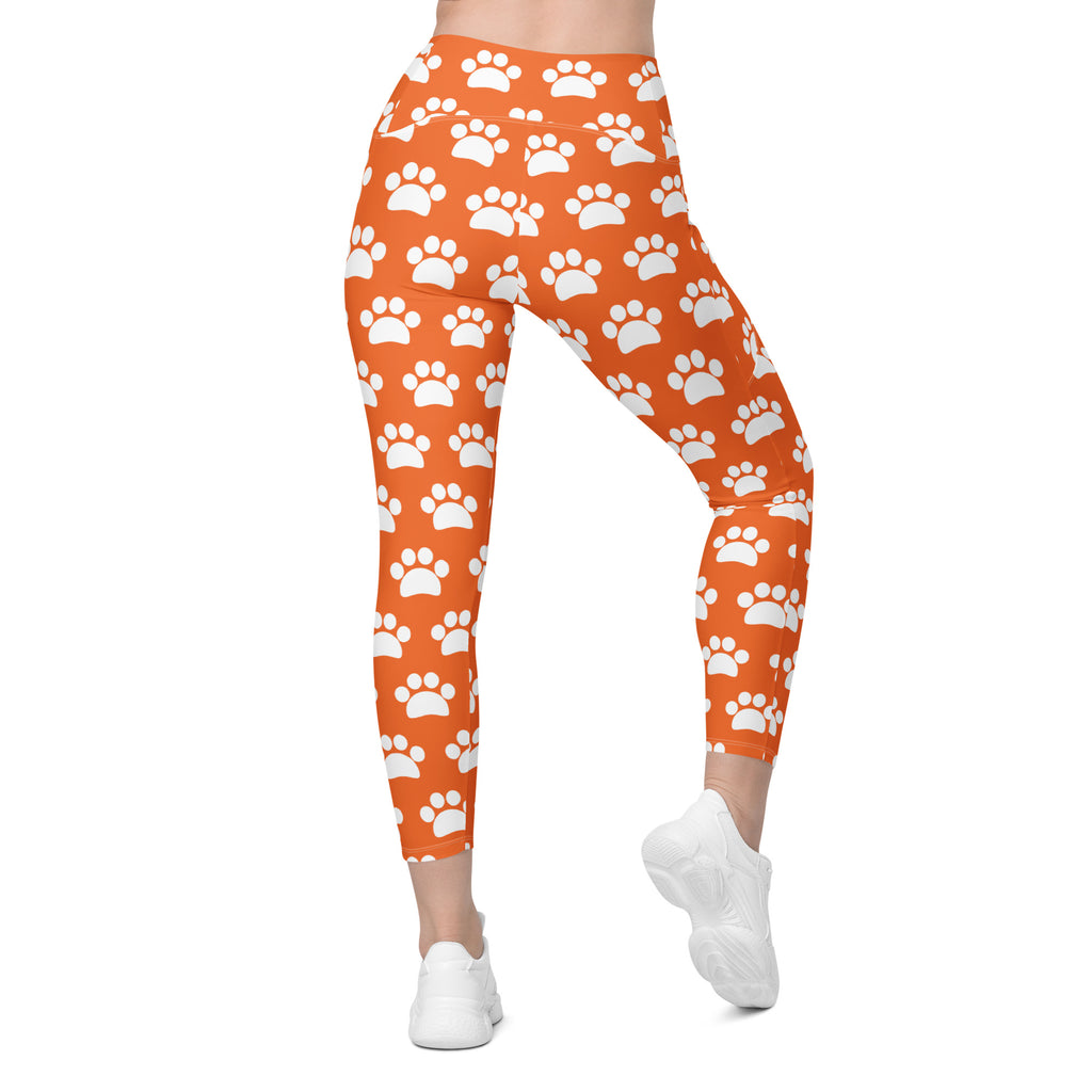 Women’s Orange Paw Print Yoga Leggings With Pockets – High-Waisted, Soft Compression Active Pants