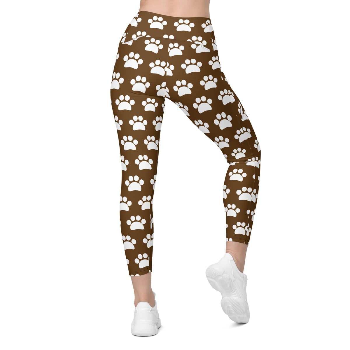 Women’s Brown Paw Print Yoga Leggings With Pockets – High-Waisted, Soft Compression Active Pants