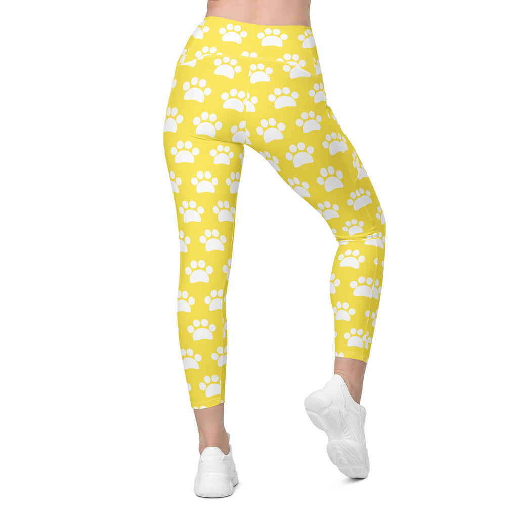 Women’s Yellow Paw Print Yoga Leggings With Pockets – High-Waisted, Soft Compression Active Pants