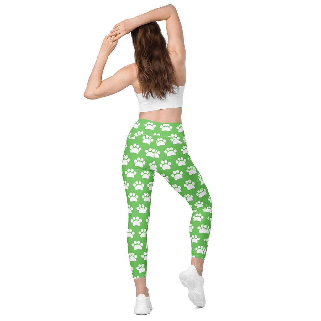 Women’s Green Paw Print Yoga Leggings With Pockets – High-Waisted, Soft Compression Active Pants