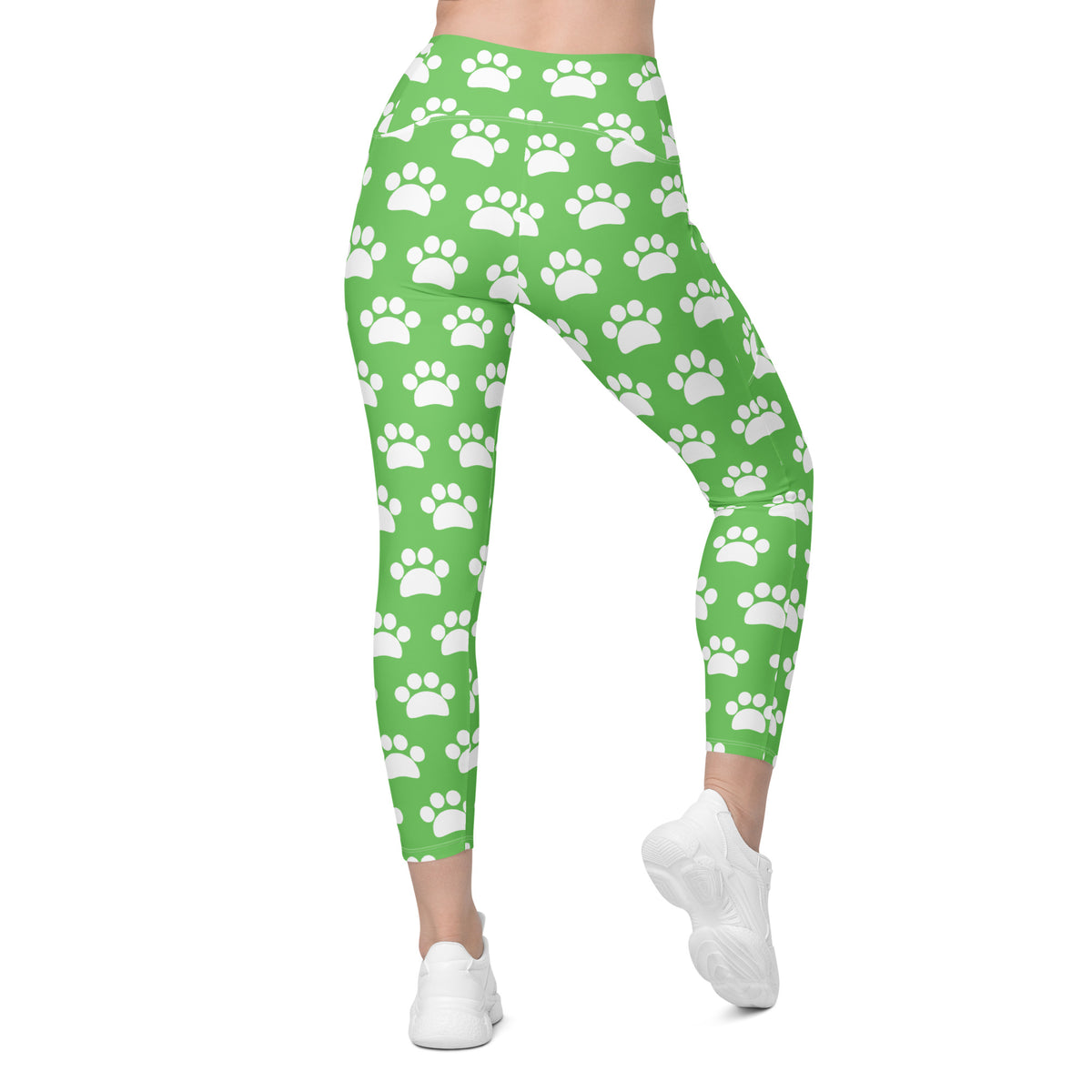 Women’s Green Paw Print Yoga Leggings With Pockets – High-Waisted, Soft Compression Active Pants