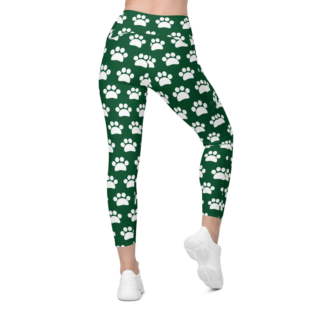 Women’s Forest Green Paw Print Yoga Leggings With Pockets – High-Waisted, Soft Compression Active Pants