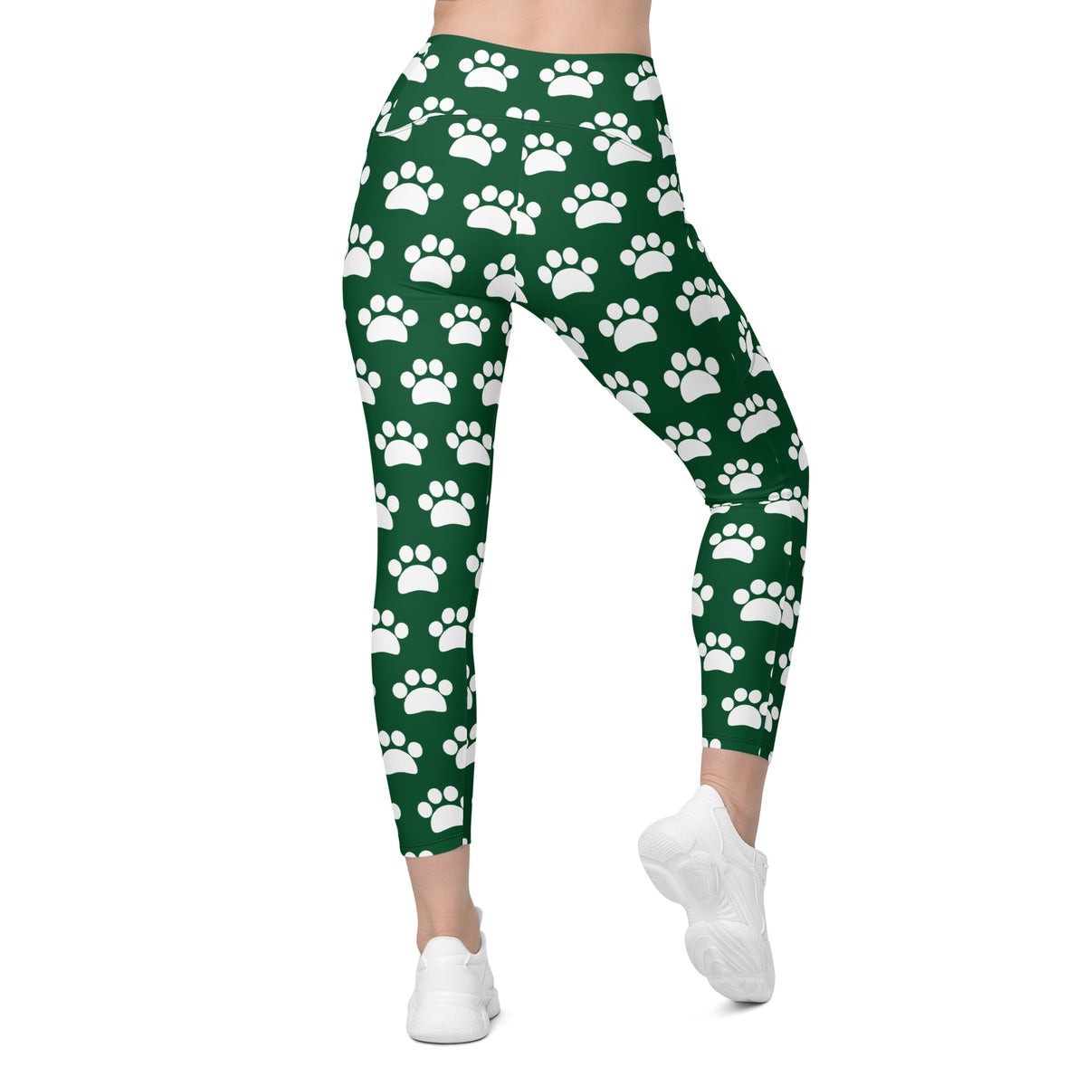 Women’s Forest Green Paw Print Yoga Leggings With Pockets – High-Waisted, Soft Compression Active Pants