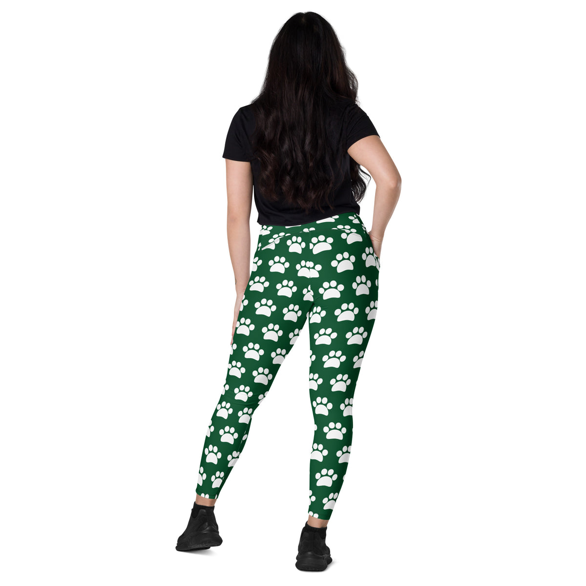 Women’s Forest Green Paw Print Yoga Leggings With Pockets – High-Waisted, Soft Compression Active Pants