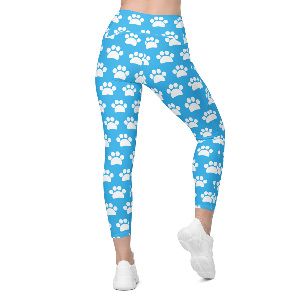 Women’s Light Blue Paw Print Yoga Leggings With Pockets – High-Waisted, Soft Compression Active Pants