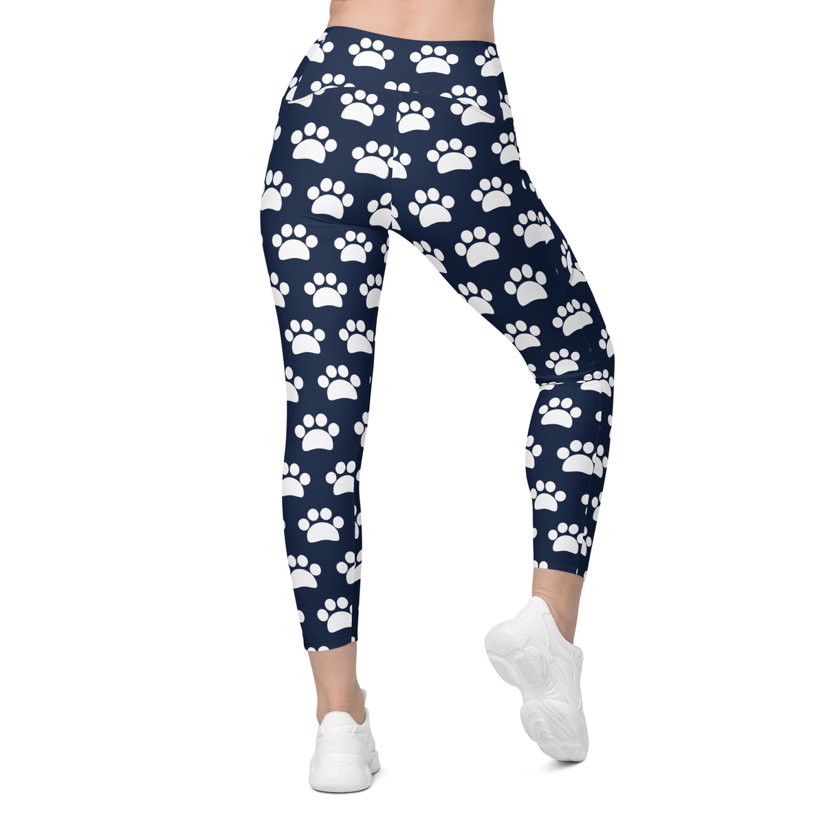 Women’s Navy Blue Paw Print Yoga Leggings With Pockets – High-Waisted, Soft Compression Active Pants