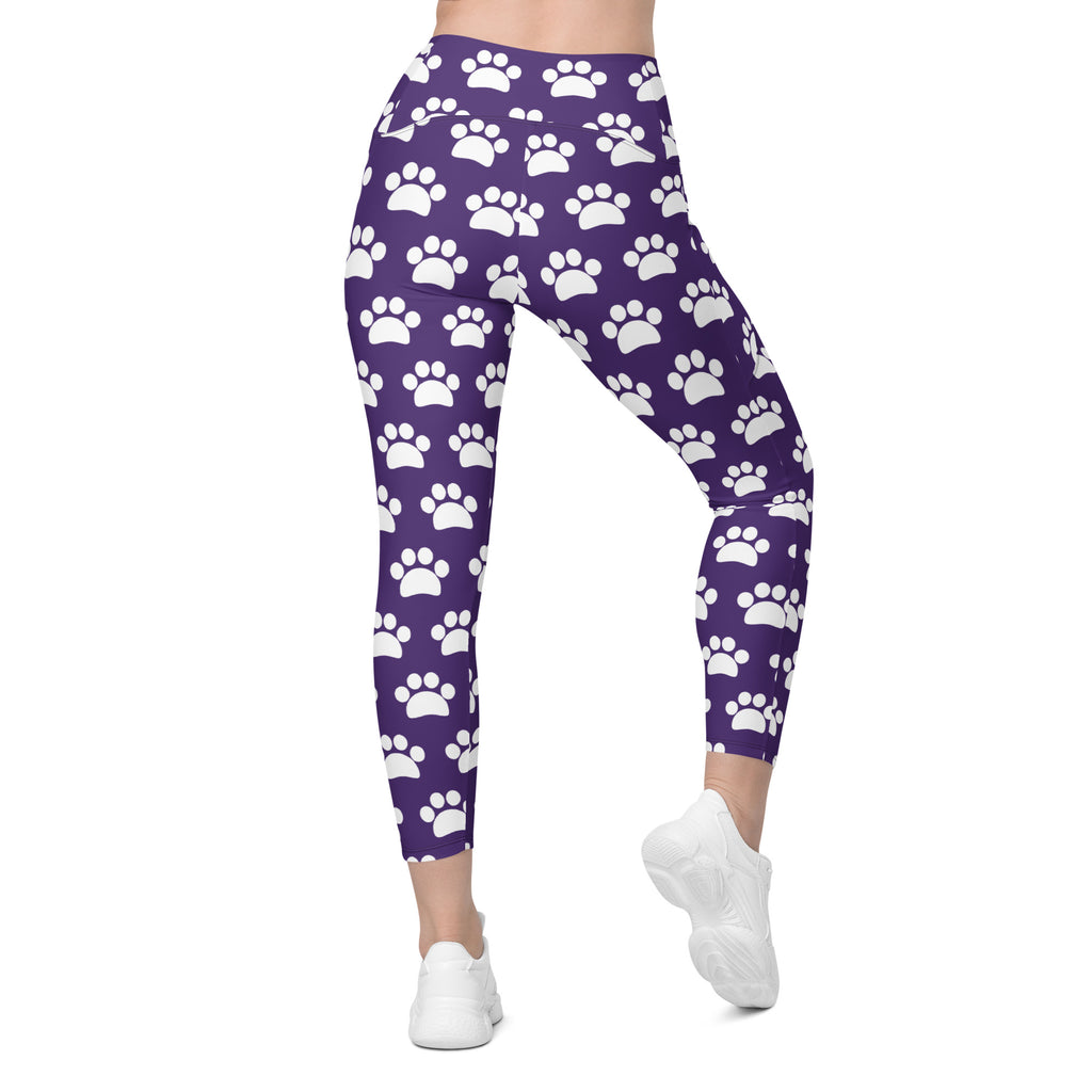 Women’s Dark Purple Paw Print Yoga Leggings With Pockets – High-Waisted, Soft Compression Active Pants