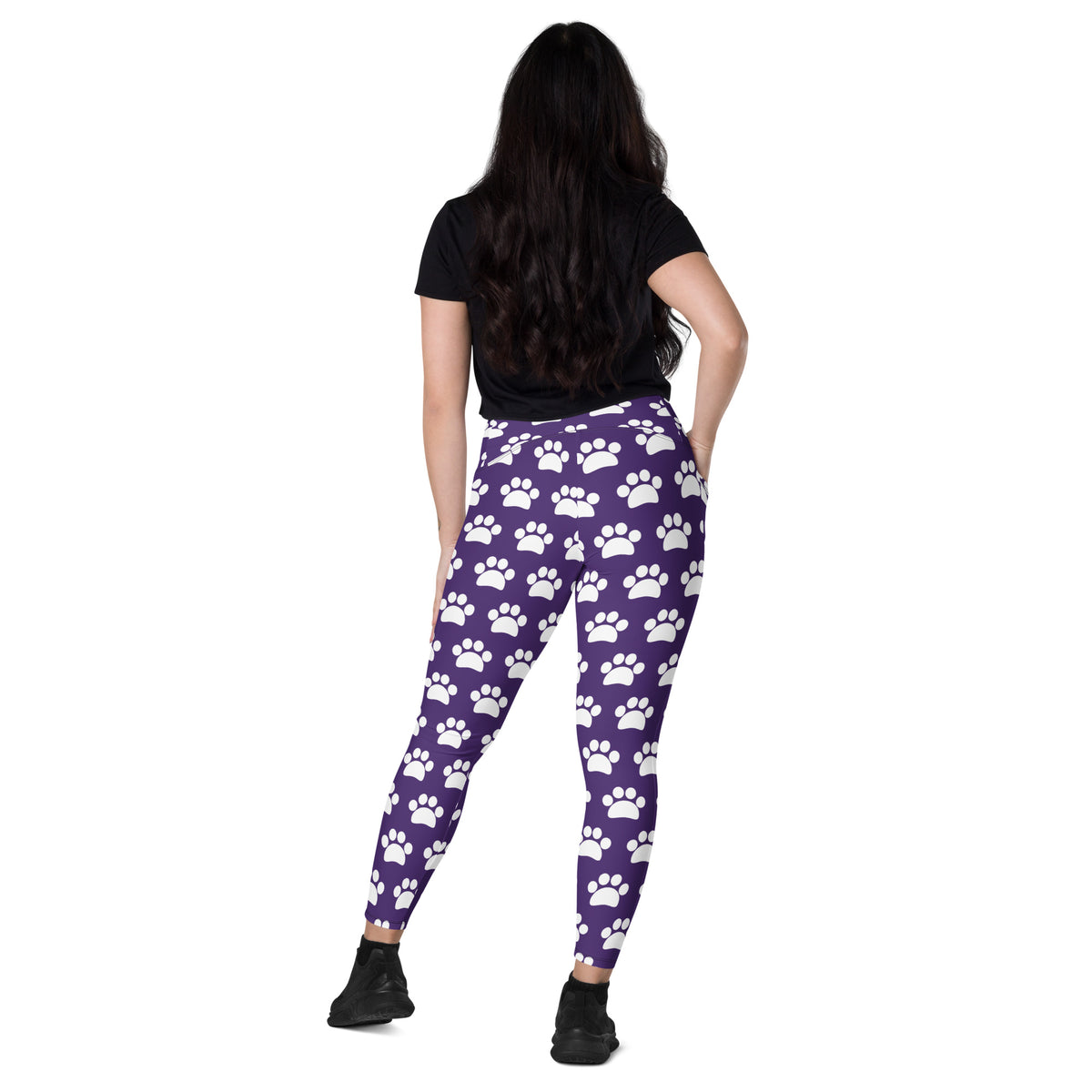 Women’s Dark Purple Paw Print Yoga Leggings With Pockets – High-Waisted, Soft Compression Active Pants