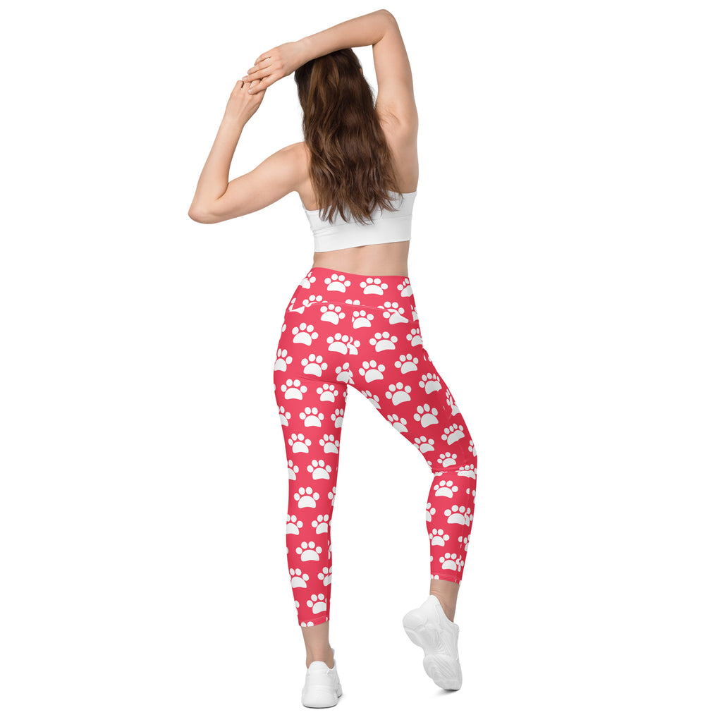 Women’s Bright Pink Paw Print Yoga Leggings With Pockets – High-Waisted, Soft Compression Active Pants