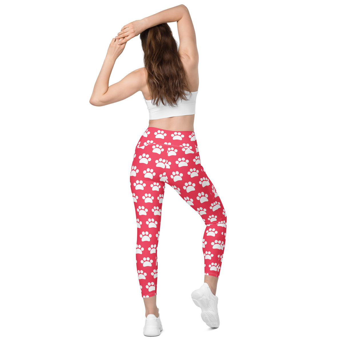 Women’s Bright Pink Paw Print Yoga Leggings With Pockets – High-Waisted, Soft Compression Active Pants
