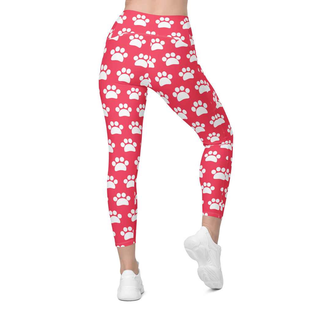 Women’s Bright Pink Paw Print Yoga Leggings With Pockets – High-Waisted, Soft Compression Active Pants