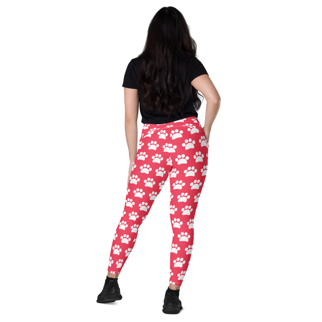 Women’s Bright Pink Paw Print Yoga Leggings With Pockets – High-Waisted, Soft Compression Active Pants