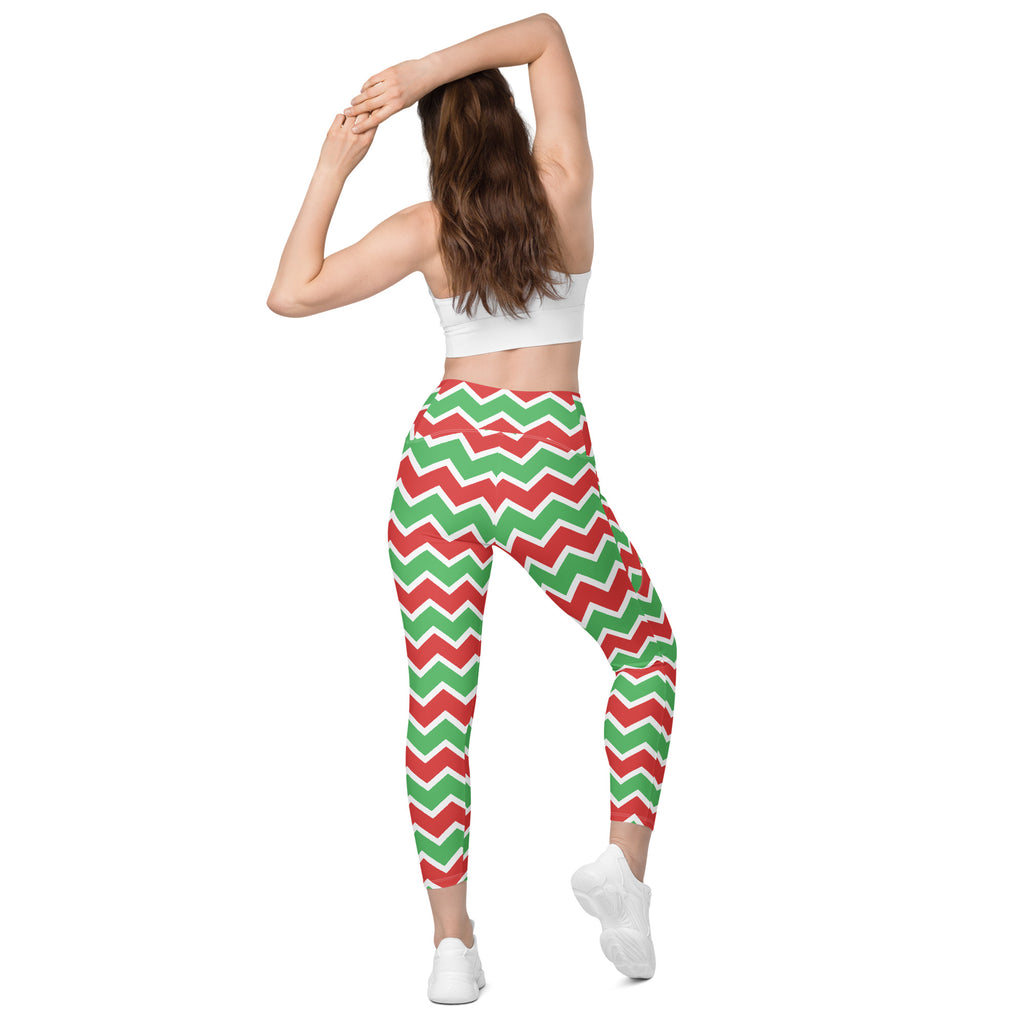 Women’s Christmas Chevron Yoga Leggings With Pockets – High-Waisted, Soft Compression Active Pants