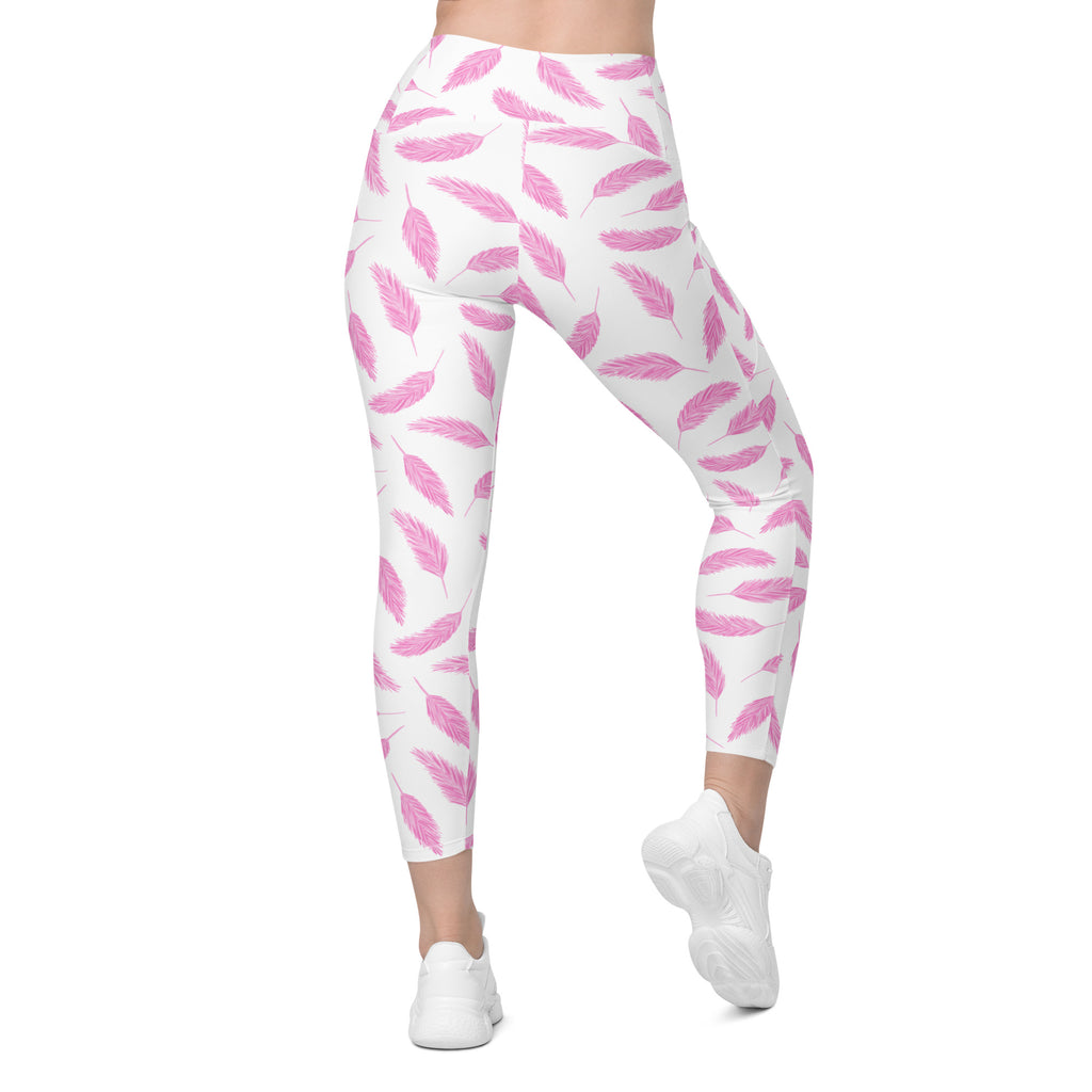 Women’s Pink Flamingo Feather Yoga Leggings With Pockets – High-Waisted, Soft Compression Active Pants