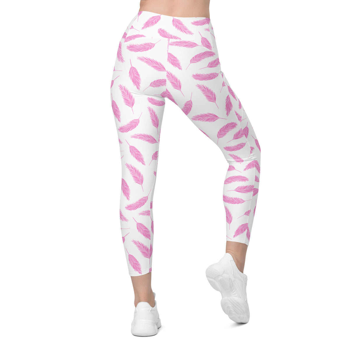 Women’s Pink Flamingo Feather Yoga Leggings With Pockets – High-Waisted, Soft Compression Active Pants