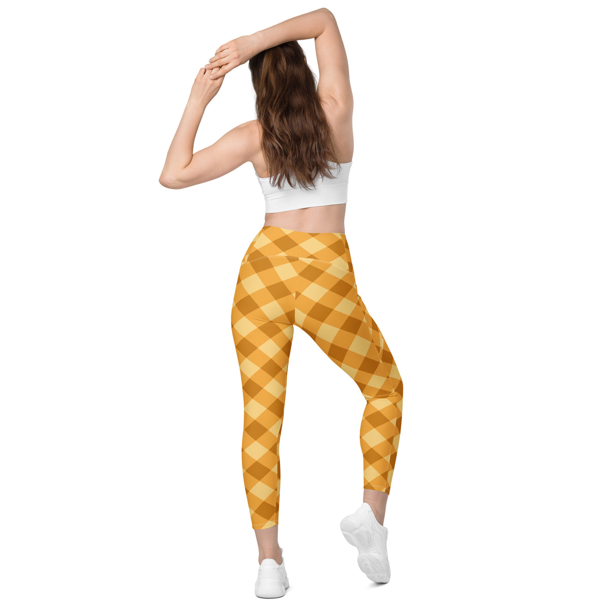 Women’s Mustard Yellow Plaid Yoga Leggings With Pockets – High-Waisted, Soft Compression Active Pants