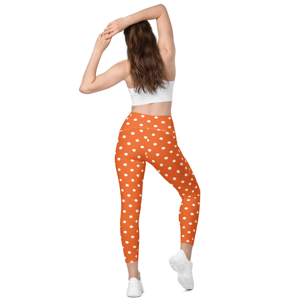 Women’s Orange Polka Dot Yoga Leggings With Pockets – High-Waisted, Soft Compression Active Pants