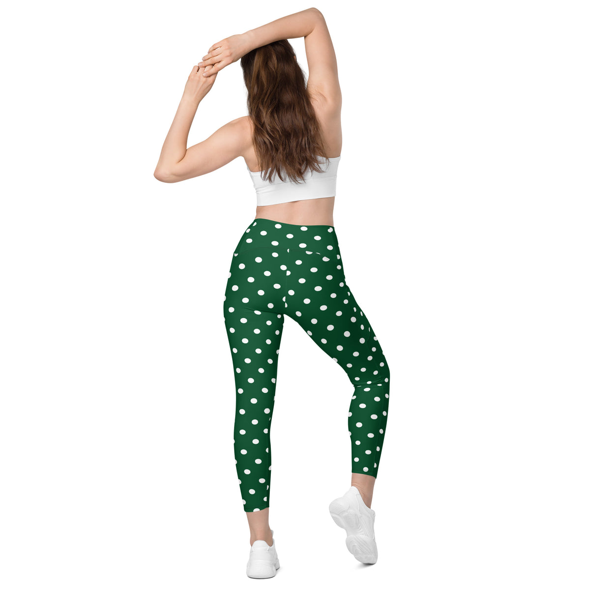 Women’s Forest Green Polka Dot Yoga Leggings With Pockets – High-Waisted, Soft Compression Active Pants