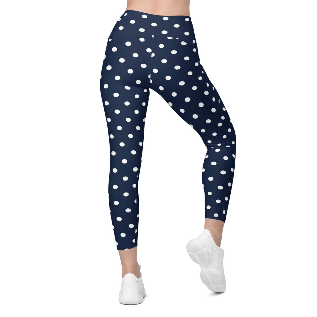 Women’s Navy Blue Polka Dot Yoga Leggings With Pockets – High-Waisted, Soft Compression Active Pants