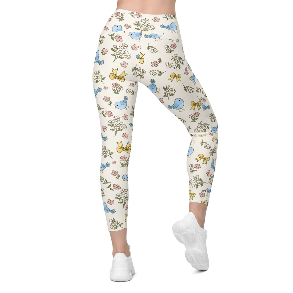 Women’s Floral Blue Bird Yoga Leggings With Pockets – High-Waisted, Soft Compression Active Pants