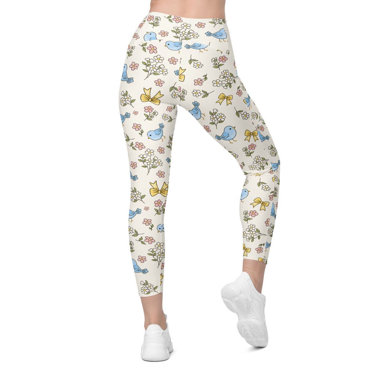 Women’s Floral Blue Bird Yoga Leggings With Pockets – High-Waisted, Soft Compression Active Pants