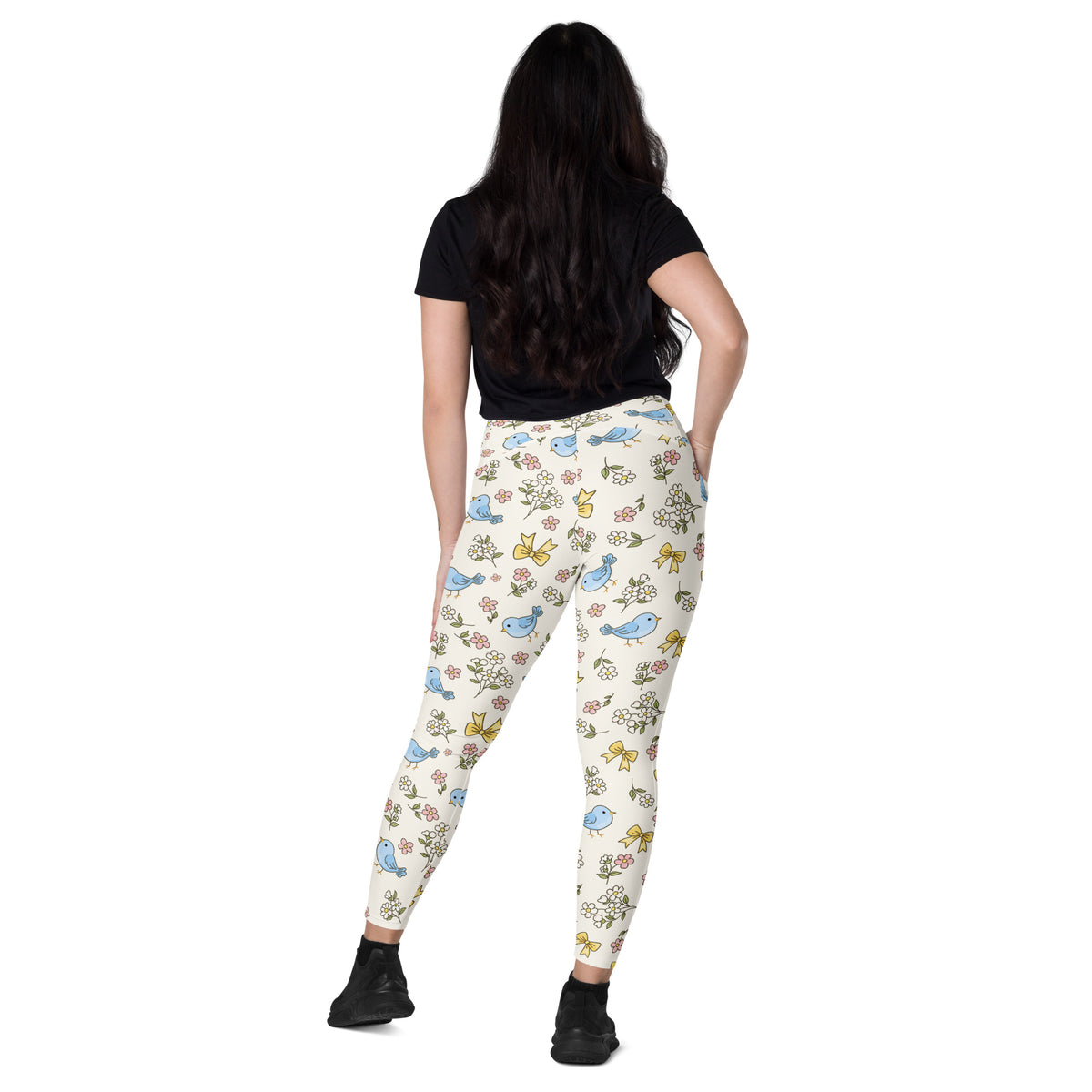 Women’s Floral Blue Bird Yoga Leggings With Pockets – High-Waisted, Soft Compression Active Pants