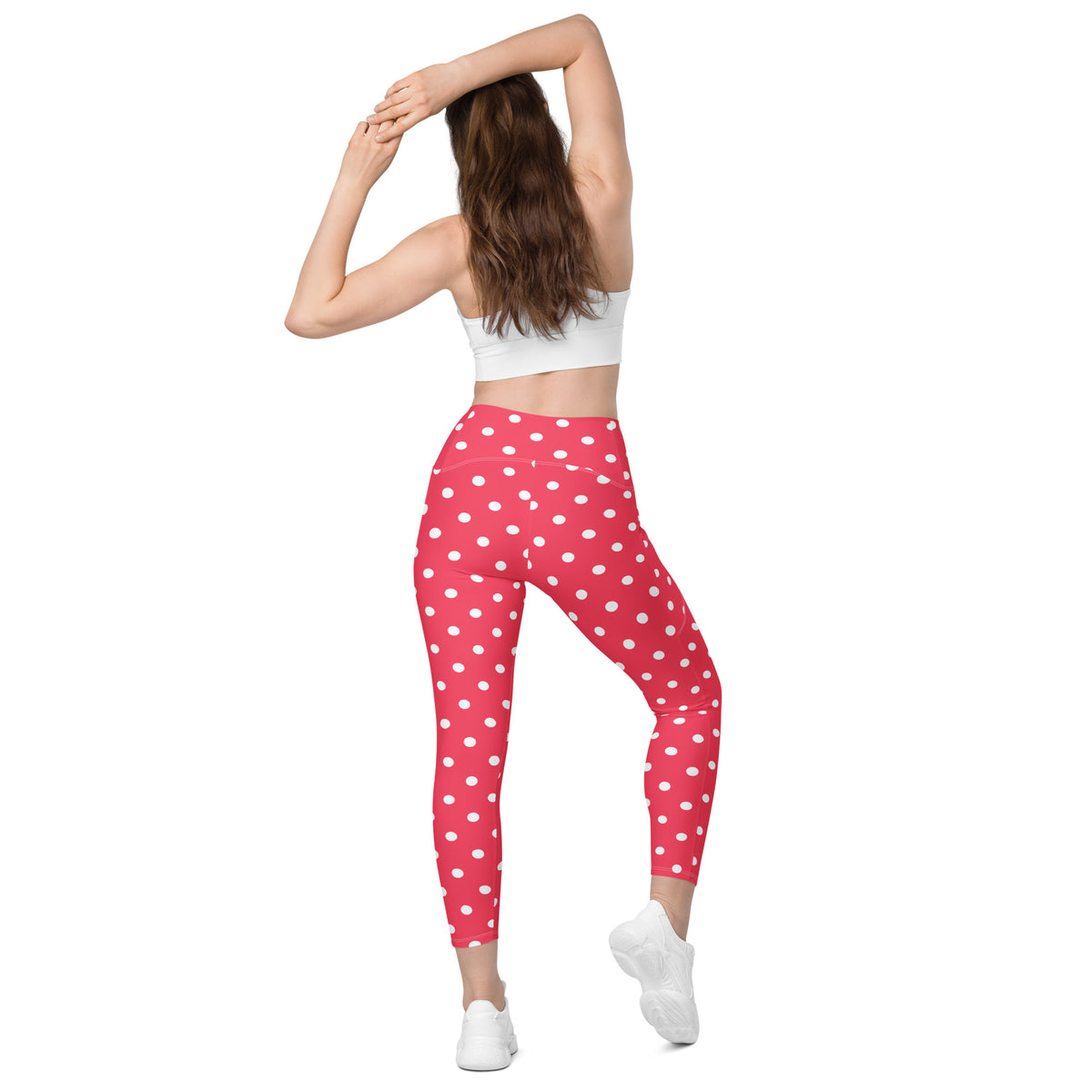 Women’s Bright Pink Polka Dot Yoga Leggings With Pockets – High-Waisted, Soft Compression Active Pants