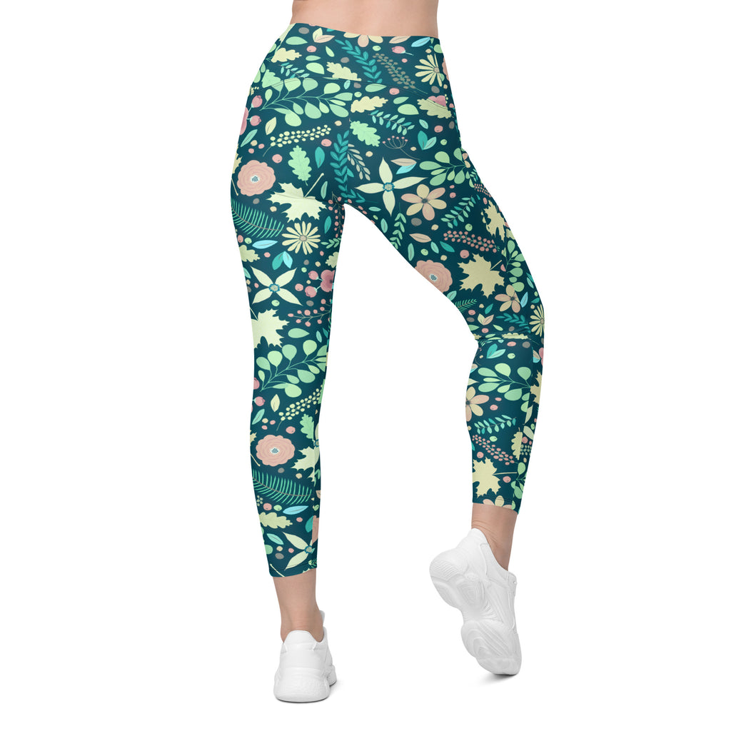 Women’s Green Fall Floral Yoga Leggings With Pockets – High-Waisted, Soft Compression Active Pants