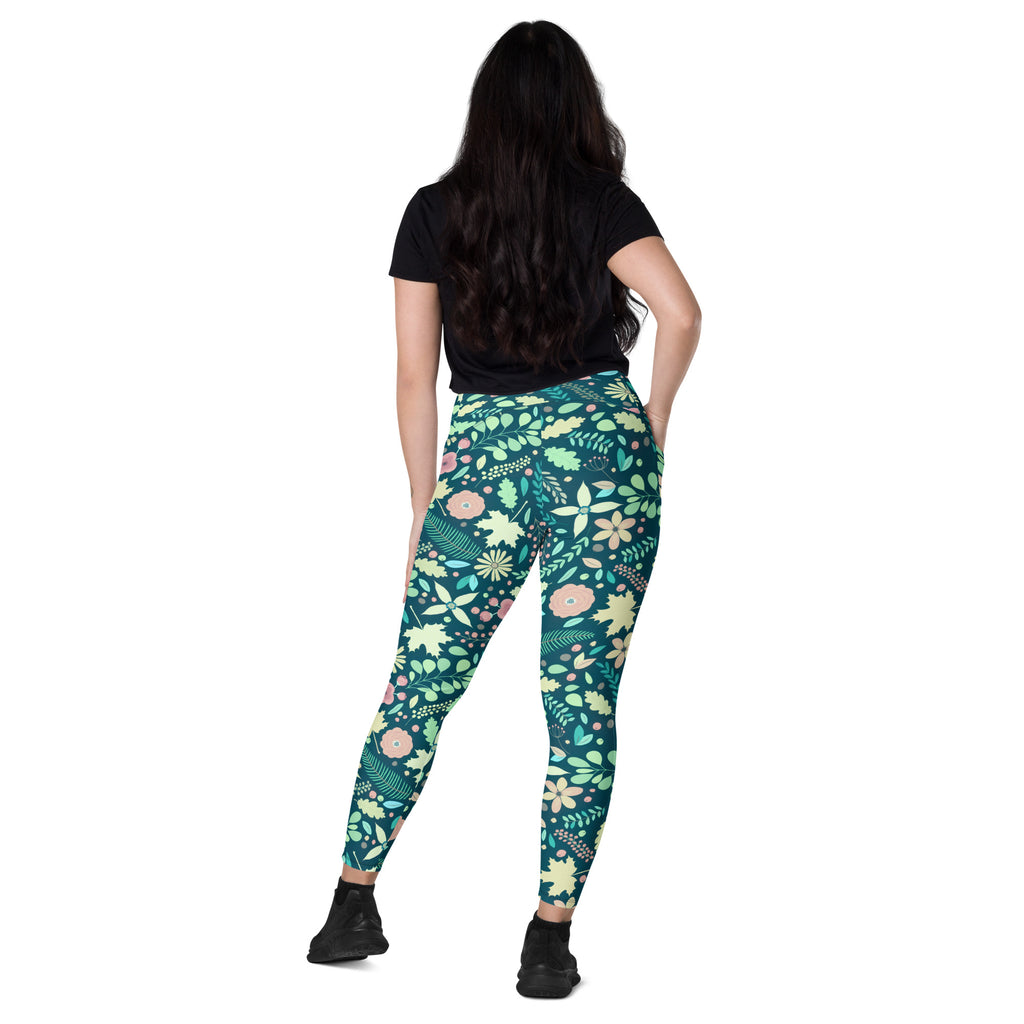 Women’s Green Fall Floral Yoga Leggings With Pockets – High-Waisted, Soft Compression Active Pants
