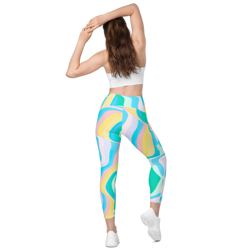 Women’s Pastel Rainbow Wave Yoga Leggings With Pockets – High-Waisted, Soft Compression Active Pants