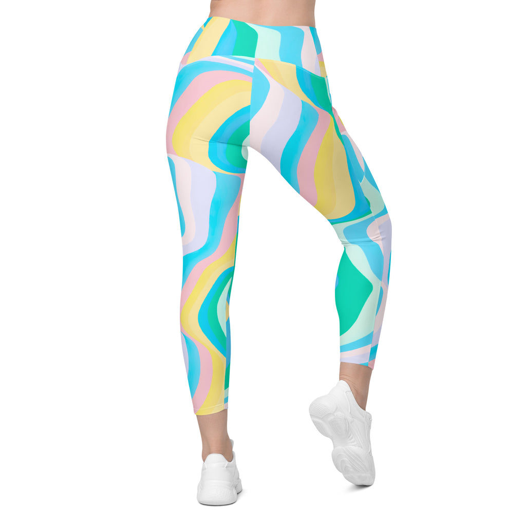 Women’s Pastel Rainbow Wave Yoga Leggings With Pockets – High-Waisted, Soft Compression Active Pants