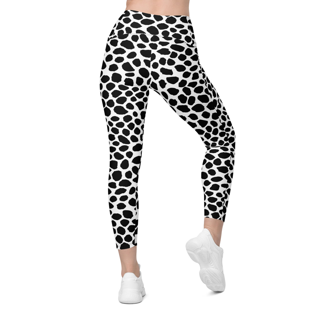Women’s Black & White Cow Print Yoga Leggings With Pockets – High-Waisted, Soft Compression Active Pants