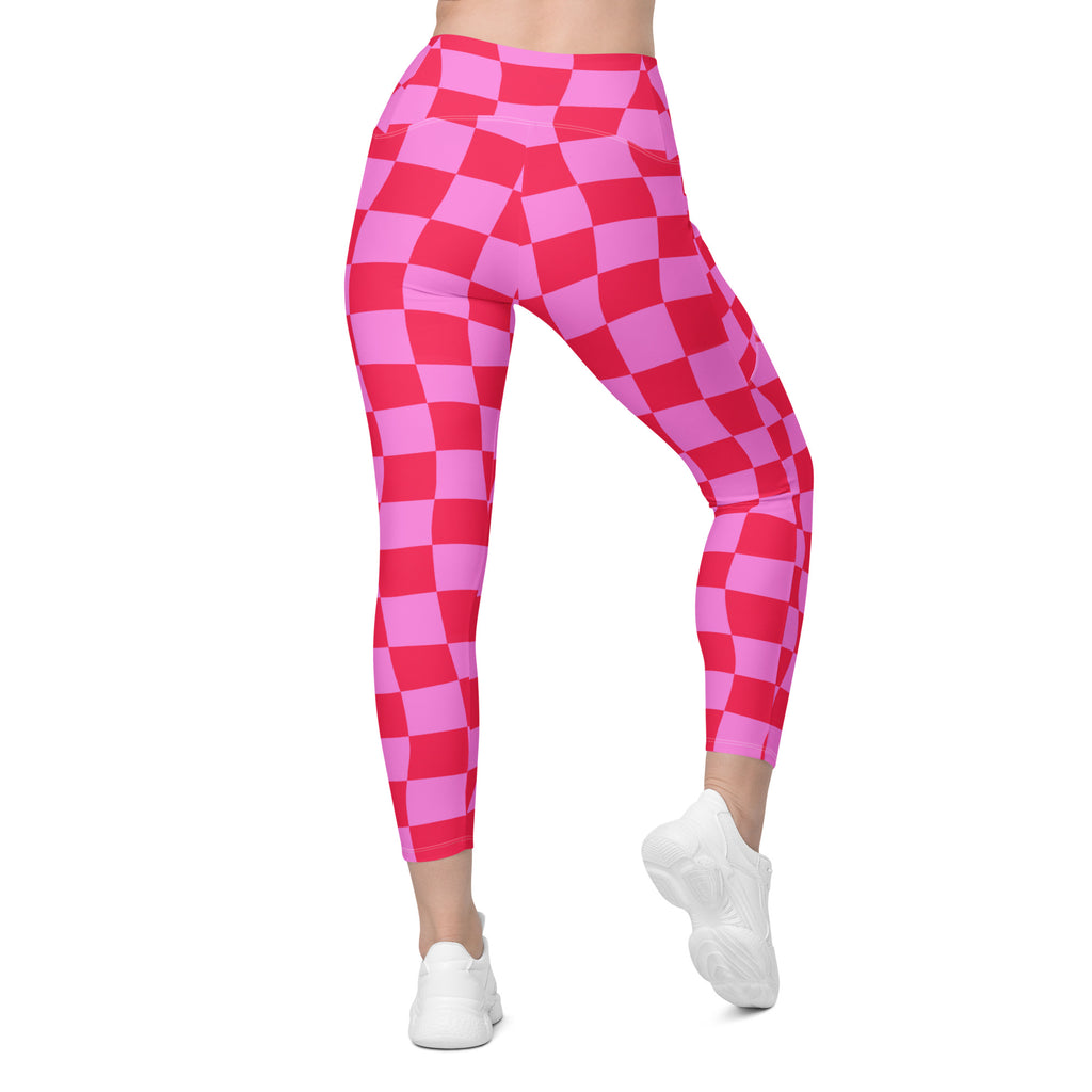 Women’s Pink Checkered Yoga Leggings With Pockets – High-Waisted, Soft Compression Active Pants