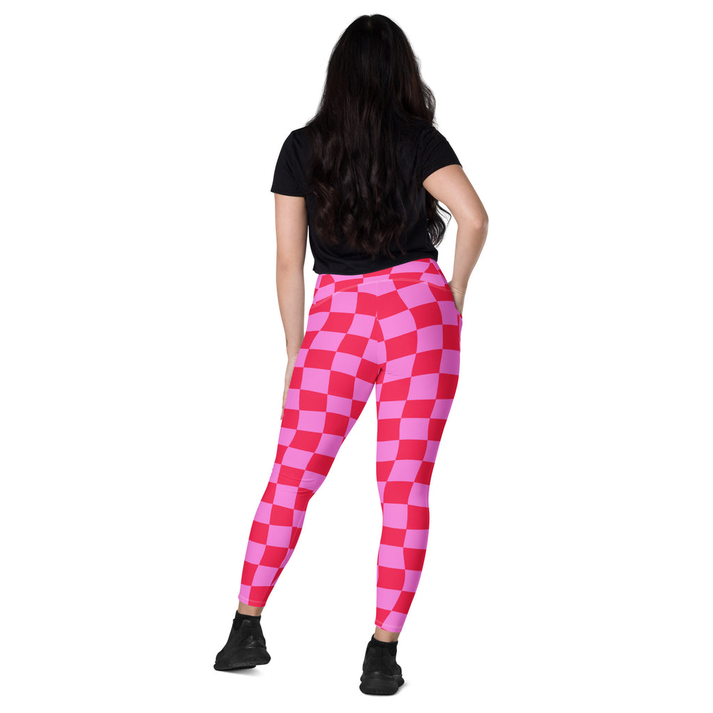 Women’s Pink Checkered Yoga Leggings With Pockets – High-Waisted, Soft Compression Active Pants