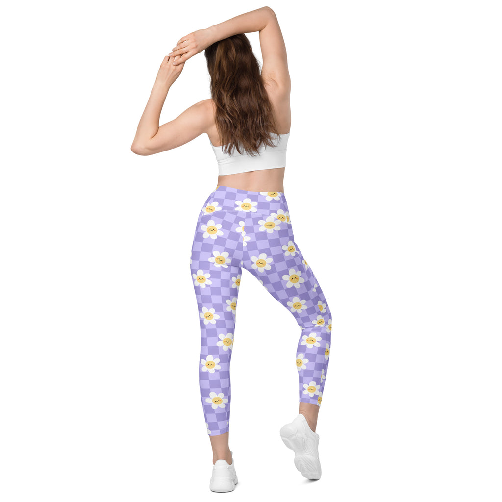 Women’s Purple Daisy Checkered Yoga Leggings With Pockets – High-Waisted, Soft Compression Active Pants