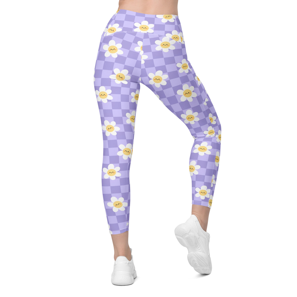 Women’s Purple Daisy Checkered Yoga Leggings With Pockets – High-Waisted, Soft Compression Active Pants