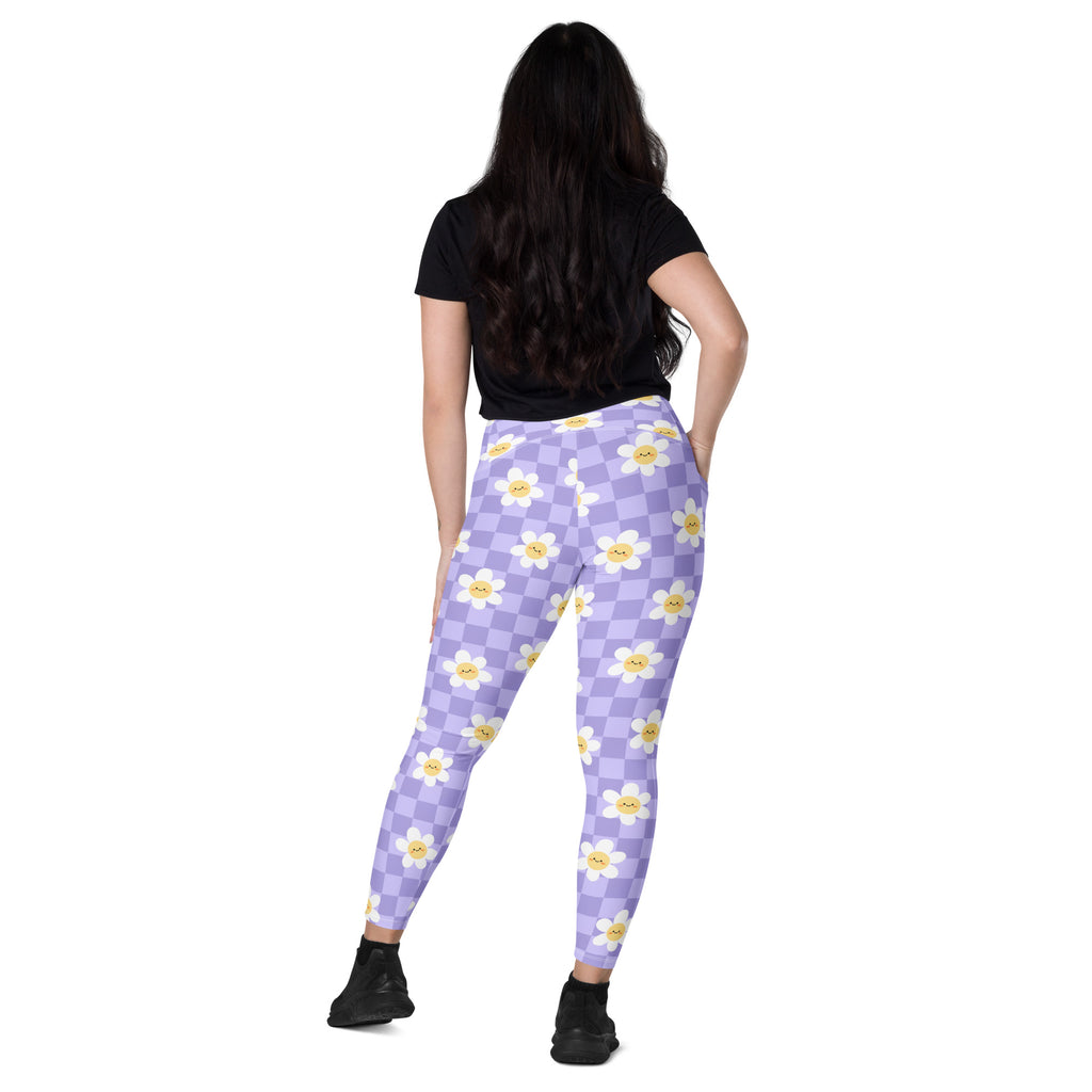 Women’s Purple Daisy Checkered Yoga Leggings With Pockets – High-Waisted, Soft Compression Active Pants