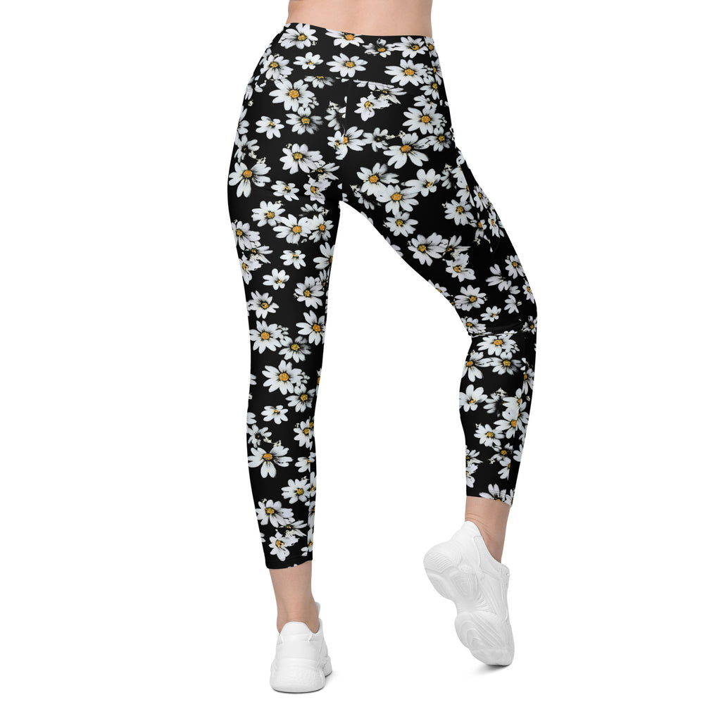 Women’s Black Daisy Yoga Leggings With Pockets – High-Waisted, Soft Compression Active Pants