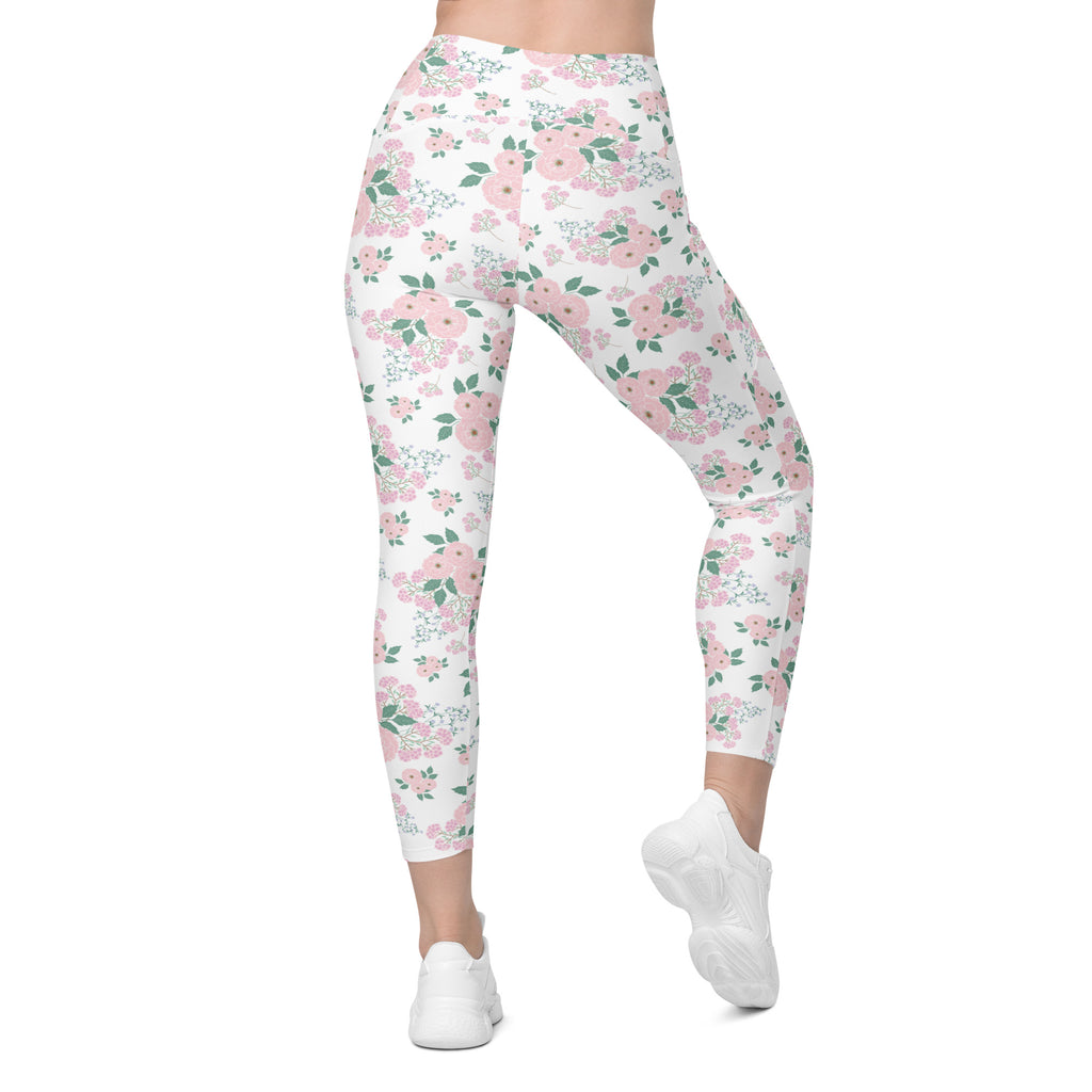 Women’s Pink Flower Yoga Leggings With Pockets – High-Waisted, Soft Compression Active Pants