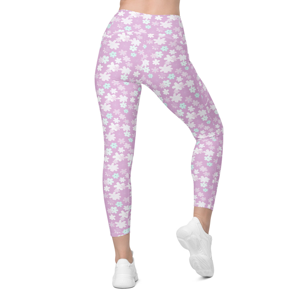 Women’s Pastel Purple Floral Yoga Leggings With Pockets – High-Waisted, Soft Compression Active Pants