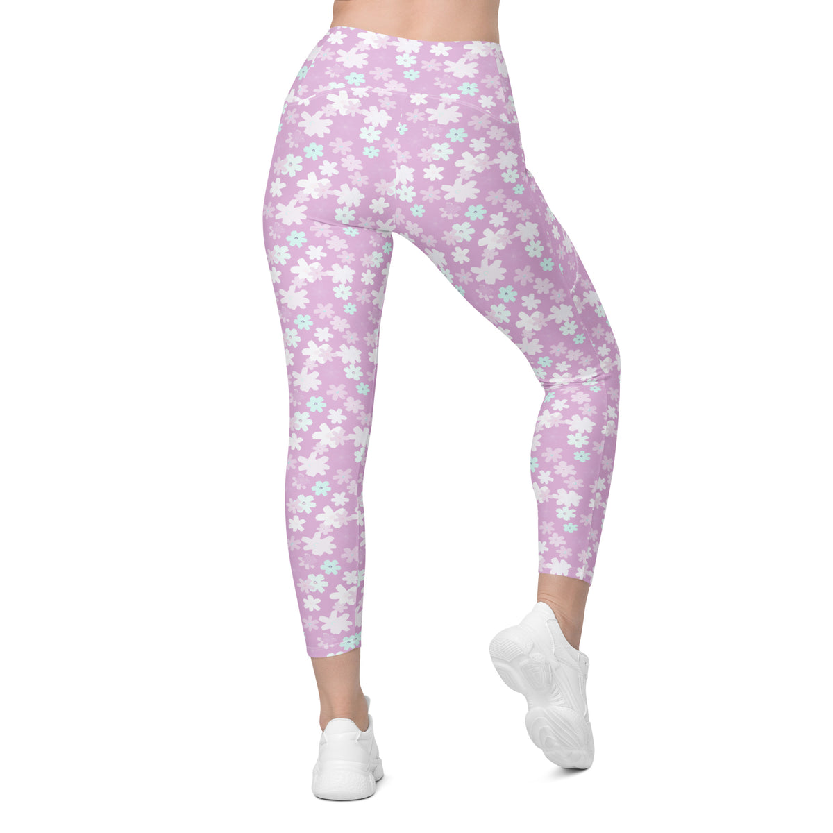 Women’s Pastel Purple Floral Yoga Leggings With Pockets – High-Waisted, Soft Compression Active Pants