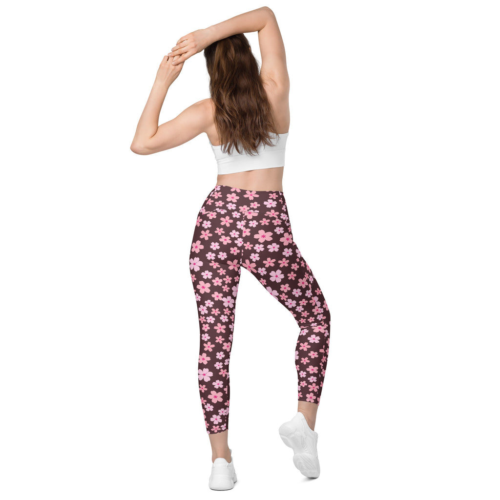 Women’s Pink Cherry Blossom Yoga Leggings With Pockets – High-Waisted, Soft Compression Active Pants