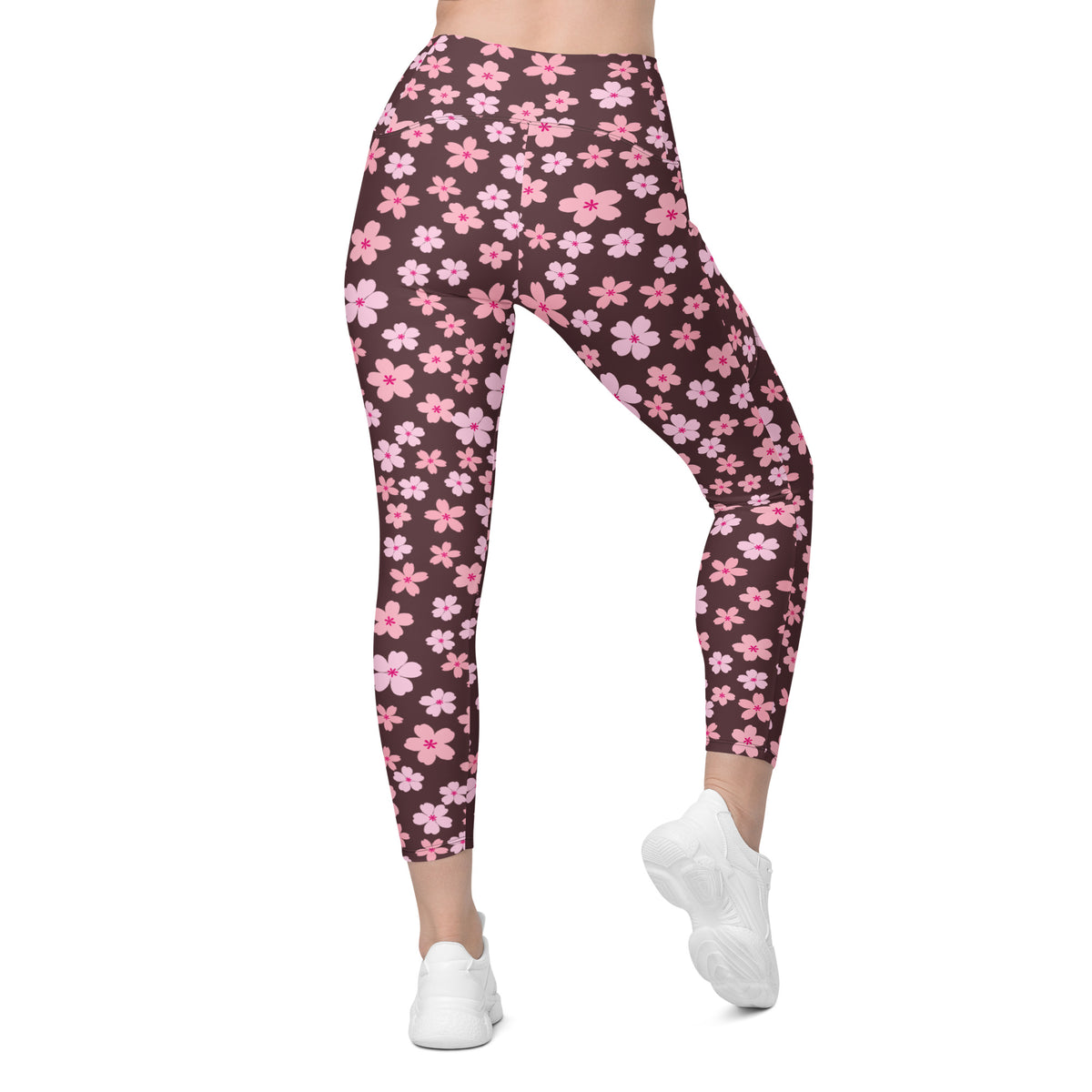 Women’s Pink Cherry Blossom Yoga Leggings With Pockets – High-Waisted, Soft Compression Active Pants