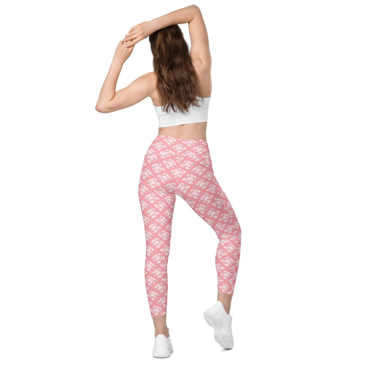 Women’s Pink Flower Yoga Leggings With Pockets – High-Waisted, Soft Compression Active Pants