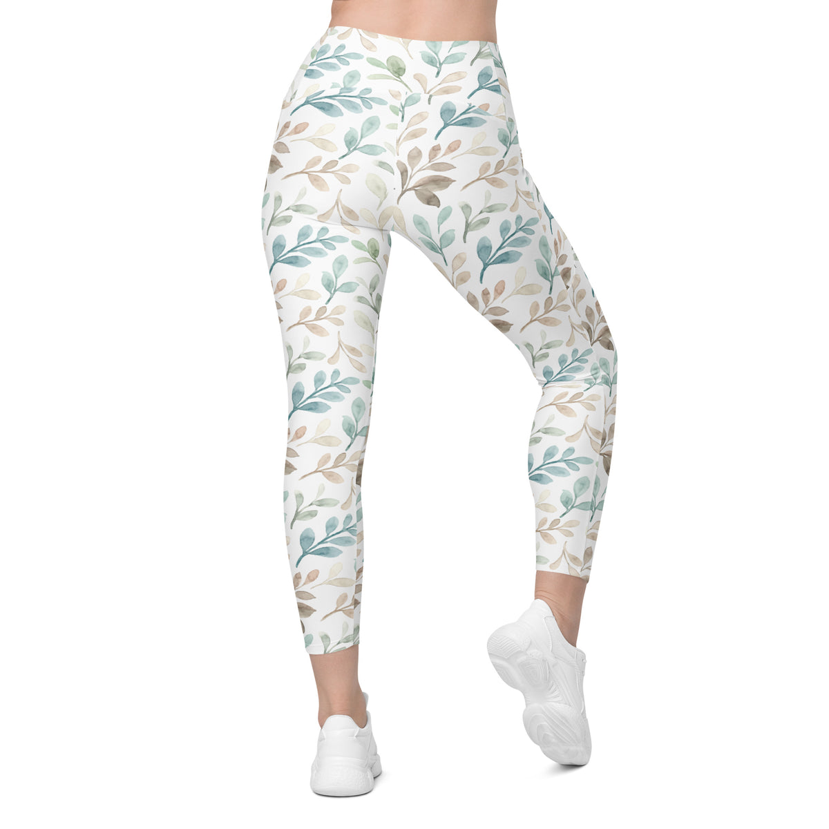 Women’s Watercolor Leaf Yoga Leggings With Pockets – High-Waisted, Soft Compression Active Pants