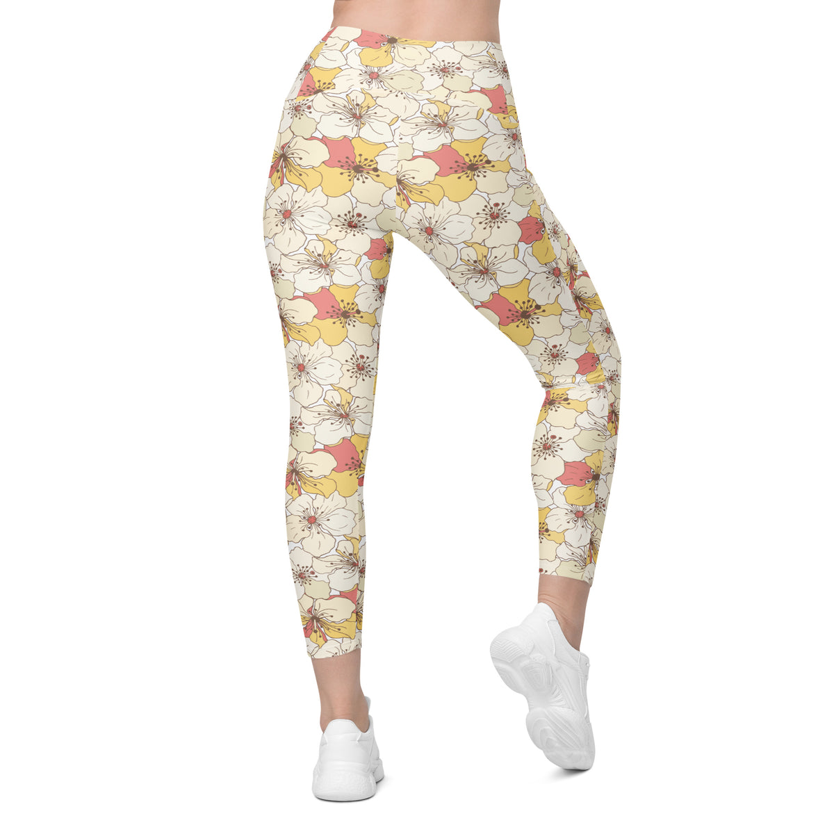 Women’s Yellow Floral Yoga Leggings With Pockets – High-Waisted, Soft Compression Active Pants