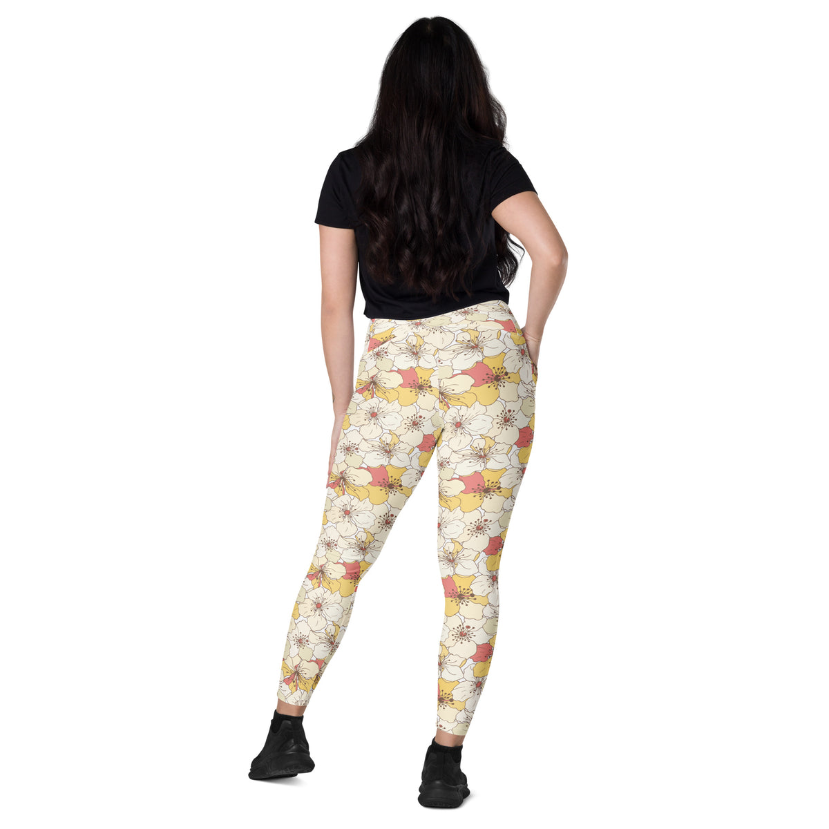 Women’s Yellow Floral Yoga Leggings With Pockets – High-Waisted, Soft Compression Active Pants