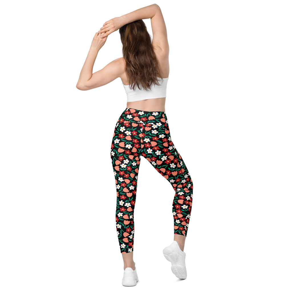 Women’s Black Floral Yoga Leggings With Pockets – High-Waisted, Soft Compression Active Pants